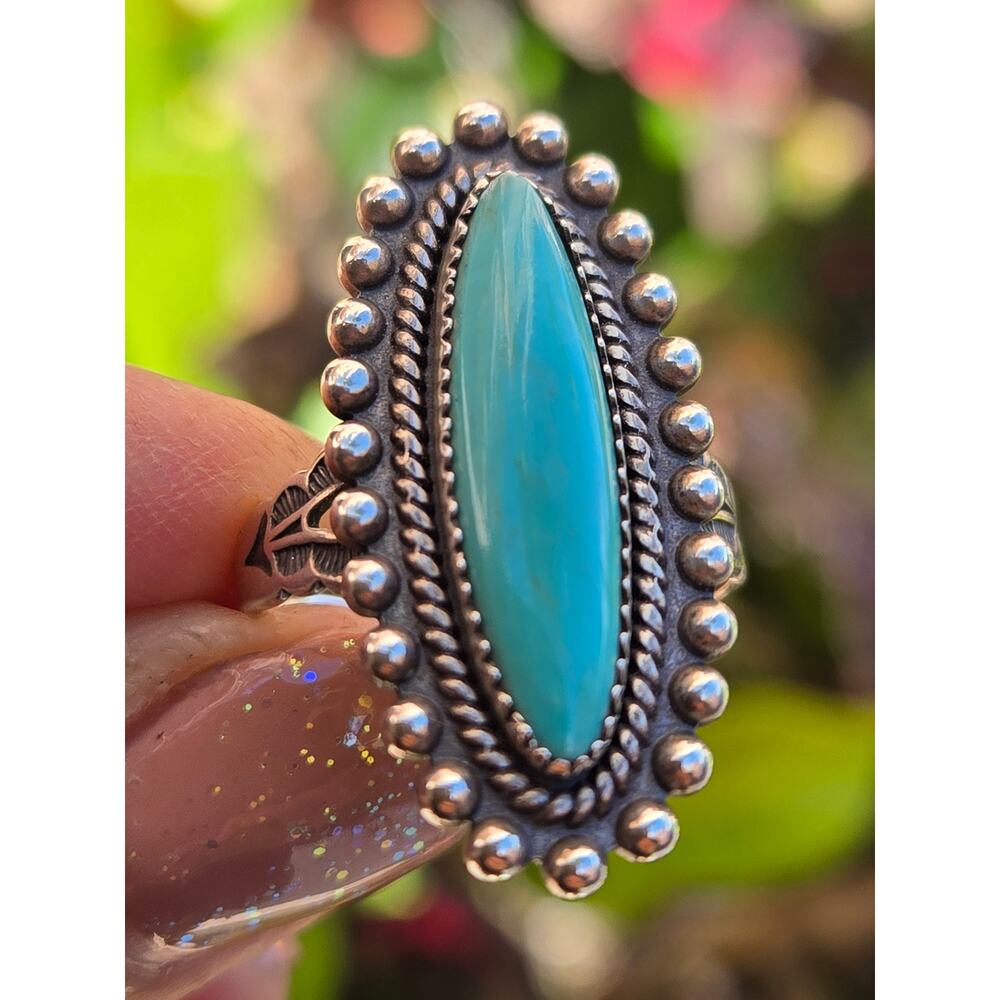 Vintage Navajo Fred Harvey Era 925 Sterling Silver Elongated Turquoise Ring, 7 - Picture 2 of 9